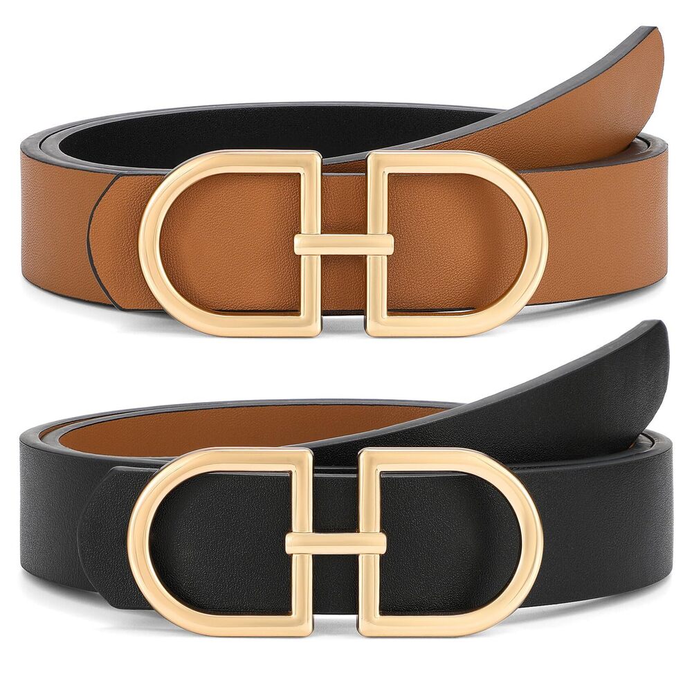 4578 Reversible Leather Belt For Women With Gold Buckle Ladies Two-in-one